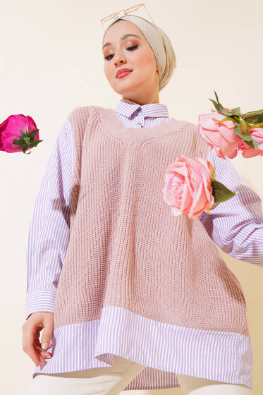 Gömlek Garnili Triko Süveter Gül Kurusu - Triko