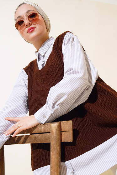 Gömlek Garnili Triko Süveter Kahve - Triko