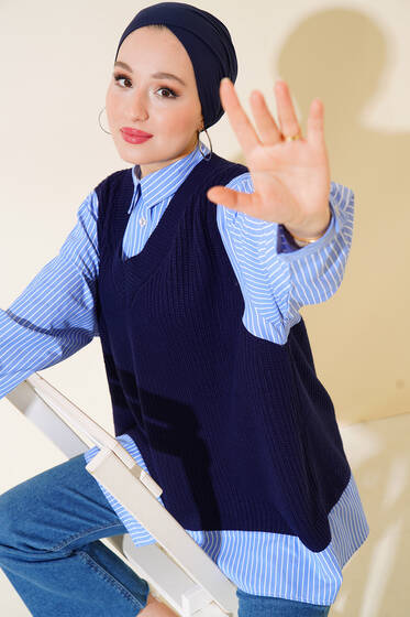 Gömlek Garnili Triko Süveter Lacivert - Triko