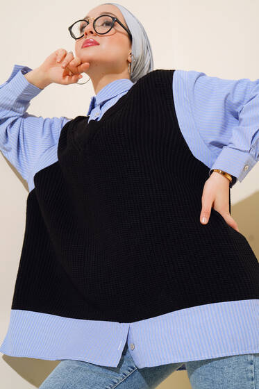 Gömlek Garnili Triko Süveter Siyah - Triko