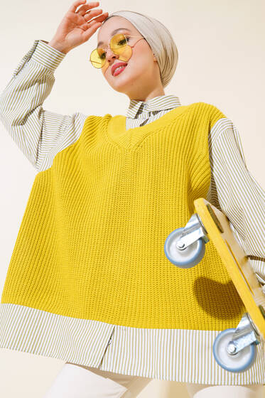 Gömlek Garnili Triko Süveter Yağ Yeşili - Triko