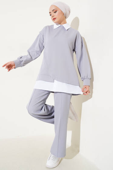 Gömlek Garnili Tunik İkili Takım Gri - İkili Takım