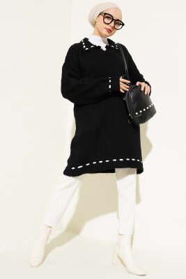 Gömlek İşi Şeritli Yumoş Triko Tunik Siyah - Triko Tunik