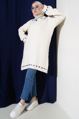 Gömlek İşi Şeritli Yumoş Triko Tunik Vanilya - Triko Tunik