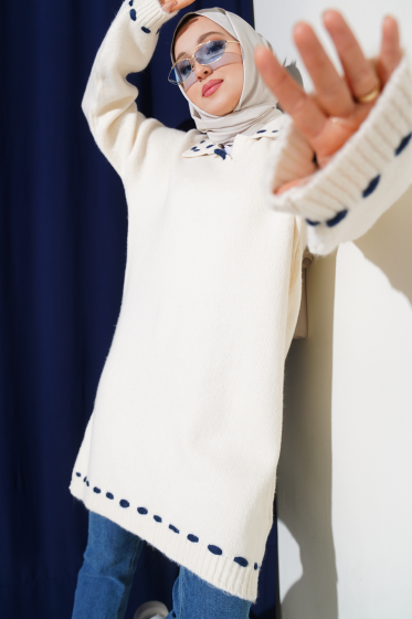 Gömlek İşi Şeritli Yumoş Triko Tunik Vanilya - Tunik