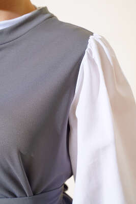 Gömlek Kol Detaylı Kuşaklı Elbise Gri - Thumbnail