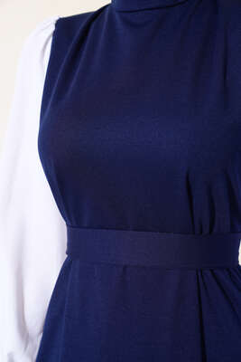Gömlek Kol Detaylı Kuşaklı Elbise Lacivert - Thumbnail
