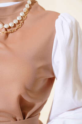 Gömlek Kol Detaylı Kuşaklı Elbise Latte - Thumbnail