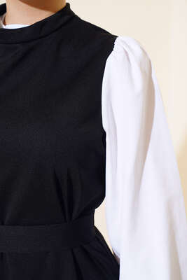 Gömlek Kol Detaylı Kuşaklı Elbise Siyah - Thumbnail