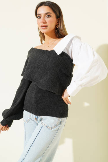 Gömlek Kol Garnili Kayık Yaka Kazak Füme - Kadın Giyim Modelleri