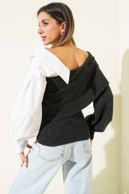 Gömlek Kol Garnili Kayık Yaka Kazak Füme - Kadın Giyim Modelleri