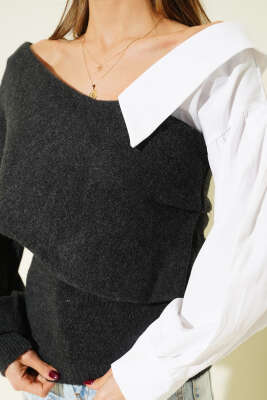 Gömlek Kol Garnili Kayık Yaka Kazak Füme - Kadın Giyim Modelleri