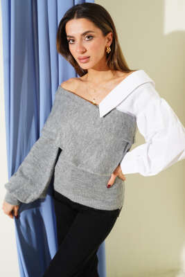 Gömlek Kol Garnili Kayık Yaka Kazak Gri - Kadın Giyim Modelleri