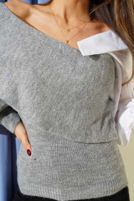 Gömlek Kol Garnili Kayık Yaka Kazak Gri - Kadın Giyim Modelleri