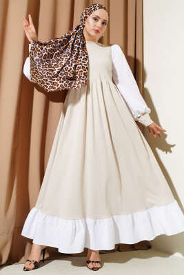 Gömlek Kol Prenses Elbise Bej 