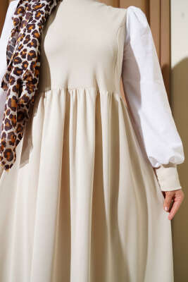 Gömlek Kol Prenses Elbise Bej - Tesettür Elbise