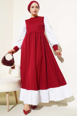 Gömlek Kol Prenses Elbise Bordo - Tesettür Elbise