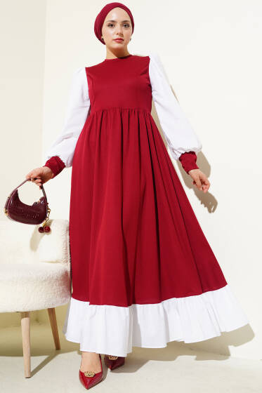 Gömlek Kol Prenses Elbise Bordo - Tesettür Elbise