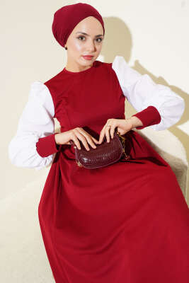 Gömlek Kol Prenses Elbise Bordo - Tesettür Elbise