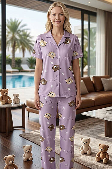 Gömlek Yaka Ayıcık Baskılı Kısa Kol Pijama Takımı Lila - Pijama