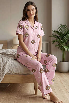 Gömlek Yaka Ayıcık Baskılı Kısa Kol Pijama Takımı Pembe - IŞILAY