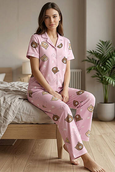 Gömlek Yaka Ayıcık Baskılı Kısa Kol Pijama Takımı Pembe - Pijama