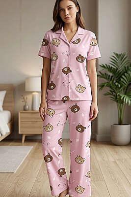 Gömlek Yaka Ayıcık Baskılı Kısa Kol Pijama Takımı Pembe - Pijama