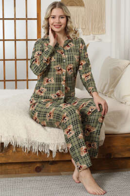Gömlek Yaka Ayıcık Baskılı Pijama Takımı Haki - IŞILAY