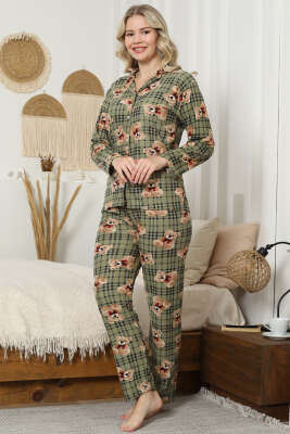 Gömlek Yaka Ayıcık Baskılı Pijama Takımı Haki - Pijama