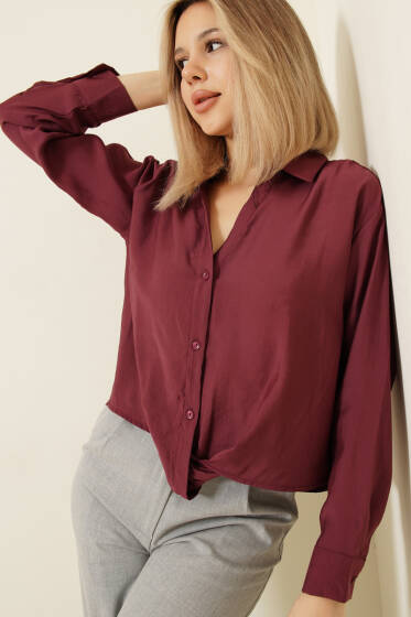 Gömlek Yaka Basic Düğmeli Gömlek Bordo - Kadın Giyim Modelleri