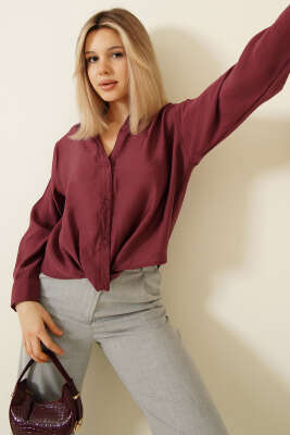 Gömlek Yaka Basic Düğmeli Gömlek Bordo - Kadın Giyim Modelleri