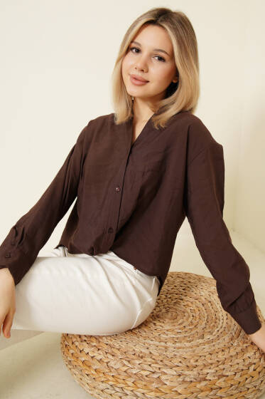 Gömlek Yaka Basic Düğmeli Gömlek Kahve - Kadın Giyim Modelleri