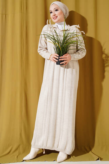 Gömlek Yaka Basic Triko Elbise Bej - Elbise