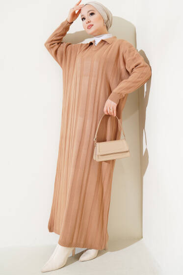 Gömlek Yaka Basic Triko Elbise Bisküvi - Elbise
