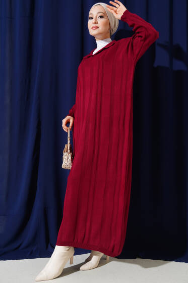 Gömlek Yaka Basic Triko Elbise Bordo - Elbise