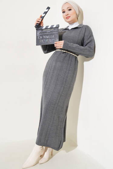 Gömlek Yaka Basic Triko Elbise Füme - Elbise