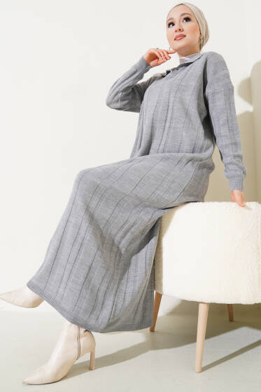 Gömlek Yaka Basic Triko Elbise Gri - Elbise