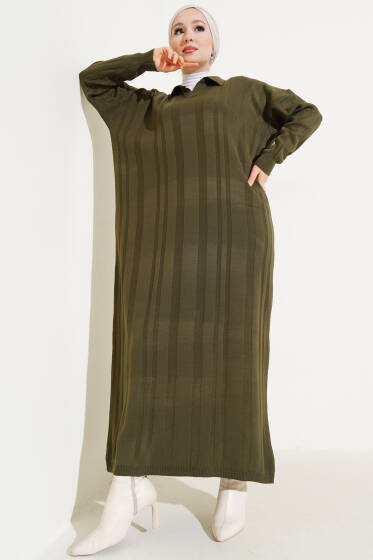 Gömlek Yaka Basic Triko Elbise Haki - Elbise