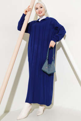 Gömlek Yaka Basic Triko Elbise Lacivert - Tesettür Elbise