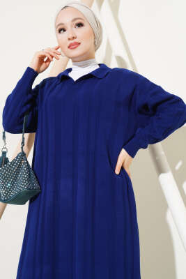 Gömlek Yaka Basic Triko Elbise Lacivert - Tesettür Elbise