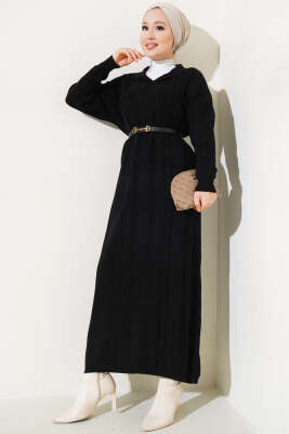 Gömlek Yaka Basic Triko Elbise Siyah 