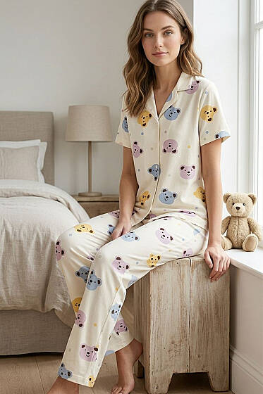 Gömlek Yaka Baskı Detaylı Kısa Kol Pijama Takımı Bej - Pijama