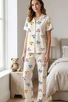 Gömlek Yaka Baskı Detaylı Kısa Kol Pijama Takımı Bej - Pijama