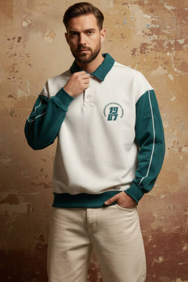 Gömlek Yaka Baskılı Erkek Sweatshirt Ekru - Erkek Sweatshirt