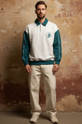 Gömlek Yaka Baskılı Erkek Sweatshirt Ekru - Erkek Sweatshirt