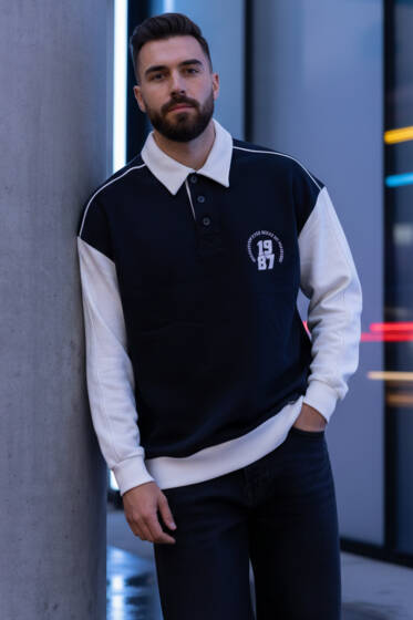 Gömlek Yaka Baskılı Erkek Sweatshirt Siyah - Erkek Sweatshirt