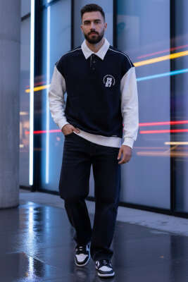 Gömlek Yaka Baskılı Erkek Sweatshirt Siyah - Erkek Sweatshirt