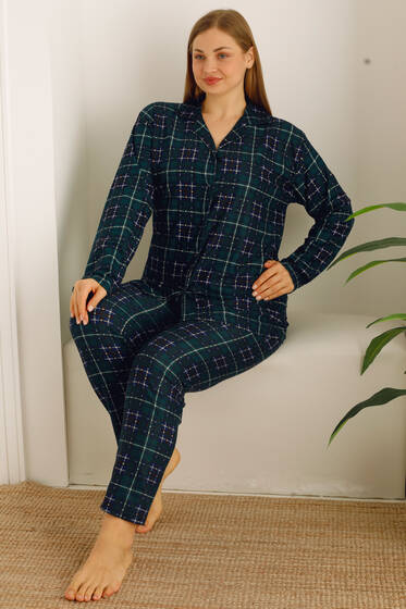 Gömlek Yaka Battal Boy Kadın Pijama Takımı Zümrüt - Pijama & Gecelik