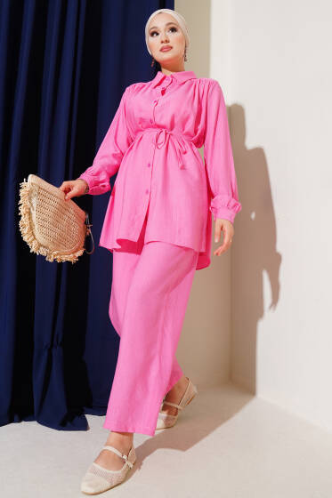Gömlek Yaka Bel İp Kuşaklı İkili Takım Pembe - İkili Takım