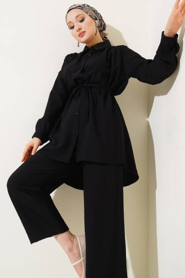 Gömlek Yaka Bel İp Kuşaklı İkili Takım Siyah - İkili Takım